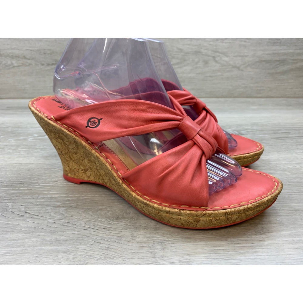 Born Drilles Coral Pink Leather Knot Twist Cork Wedge Sandals Women's 10 Shoes